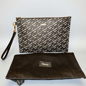 Versace Greca Coated Canvas Large Pouch Clutch – Black/Gray